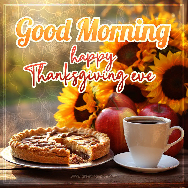 Good Morning Happy Thanksgiving Eve image with tea and aplle pie (square shape image)