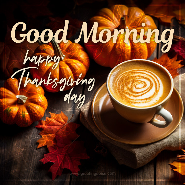 Good Morning Happy Thanksgiving Day image with cappuccino, pumpkins and autumn leaves (square shape image)