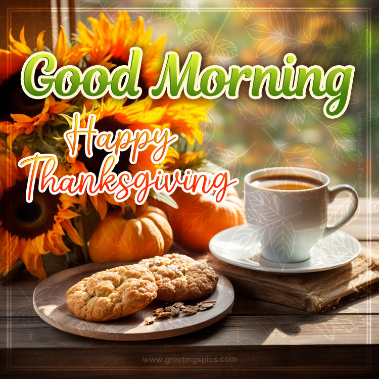 Good Morning Thanksgiving picture with cookies and a cup of coffee (square shape image)