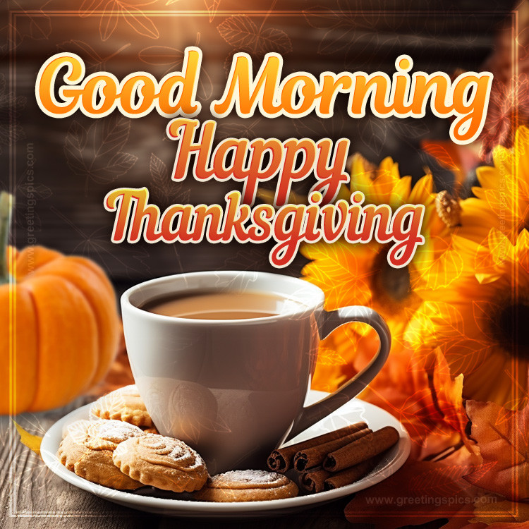 Good Morning Happy Thanksgiving image with coffee and sunflowers (square shape image)