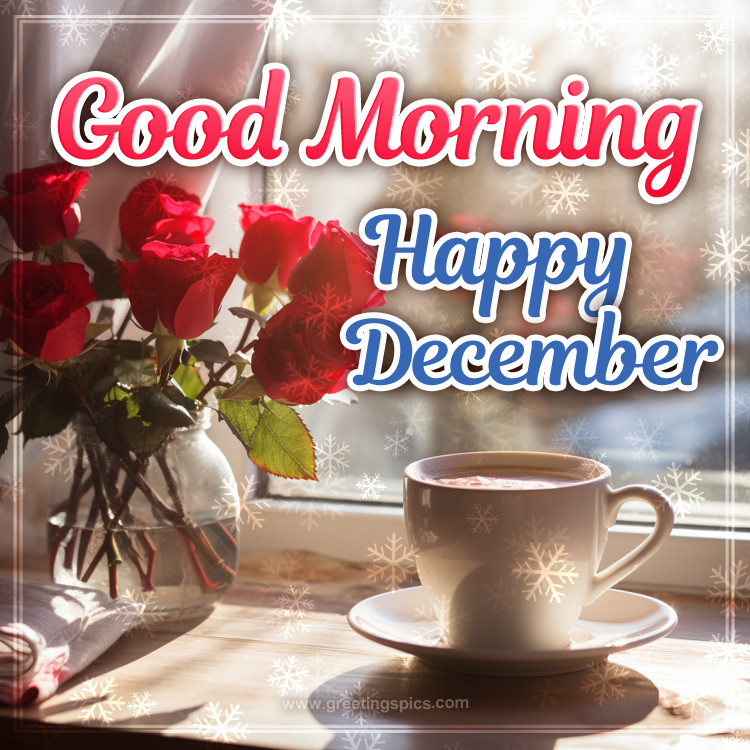 Good Morning Happy December Image with coffee and roses (square shape image)