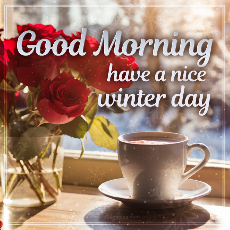 Good Morning Have a Nice Winter Day image with cup of coffee and red roses (square shape image)