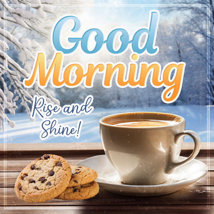 Good Morning Rise and Shine Winter image with coffee and cookies (square shape image)