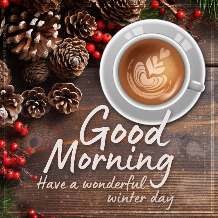 Good Morning Winter image with a cup of latte on a wooden table (square shape image)