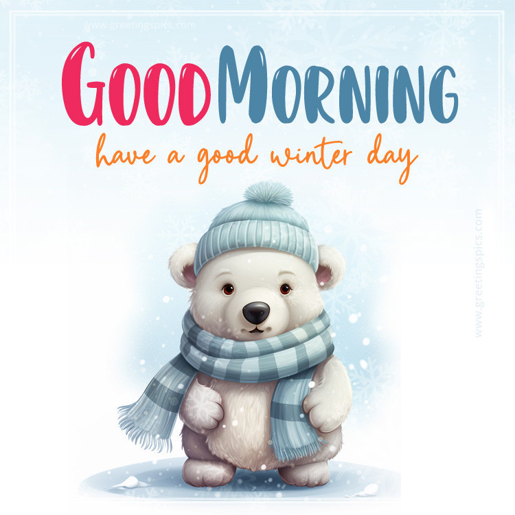 Winter Good Morning image with cute polar bear in a hat and scarf (square shape image)