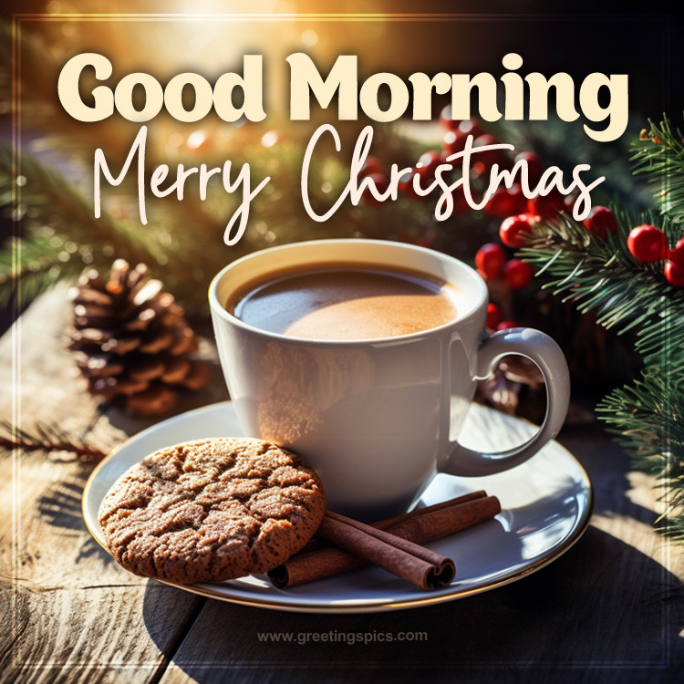 Good Morning Merry Christmas image with cup of coffee (square shape image)