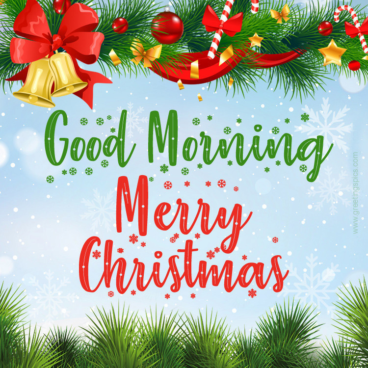 Good Morning Merry Christmas image with colorful Christmas tree decorations (square shape image)