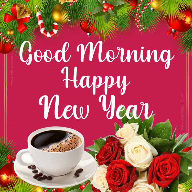 Good Morning Happy New Year image with coffee and roses (square shape image)