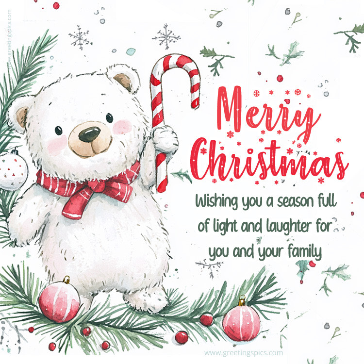 A picture of a cute drawn bear and a wish for a Merry Christmas (square shape image)