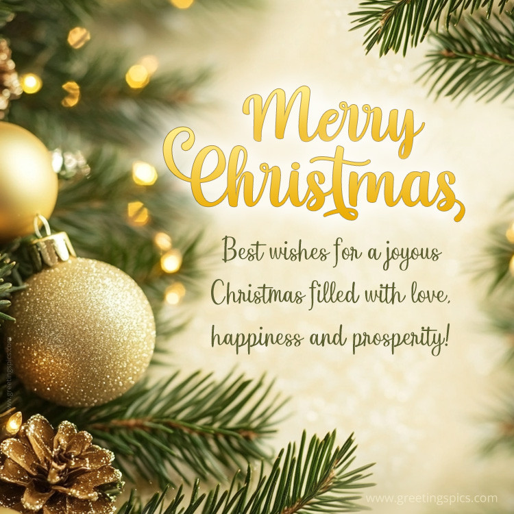 Merry Christmas image with golden decorations on christmas tree (square shape image)