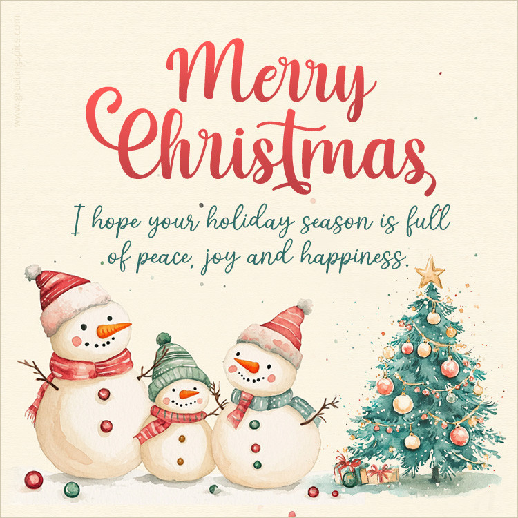 Merry Christmas picture with cute funny snowman family (square shape image)