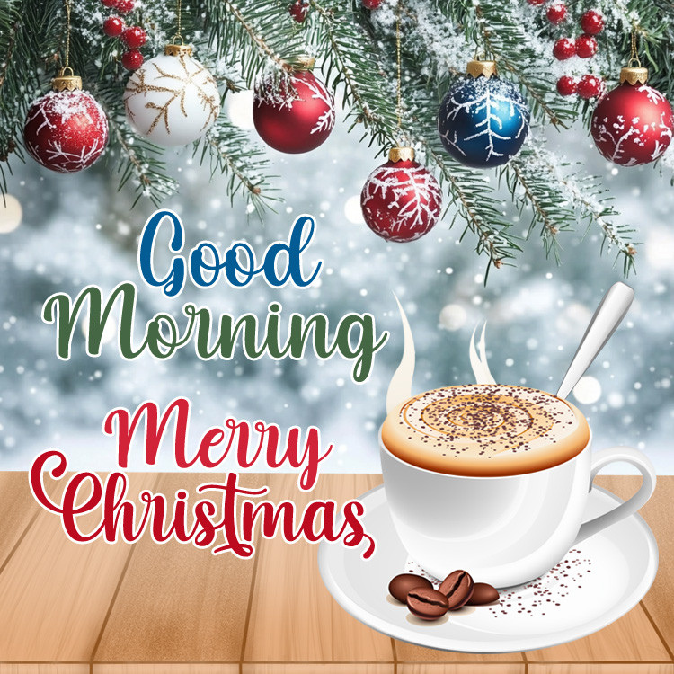 Good Morning Merry Christmas Image with a cup of capuccino and beautiful baubles (square shape image)