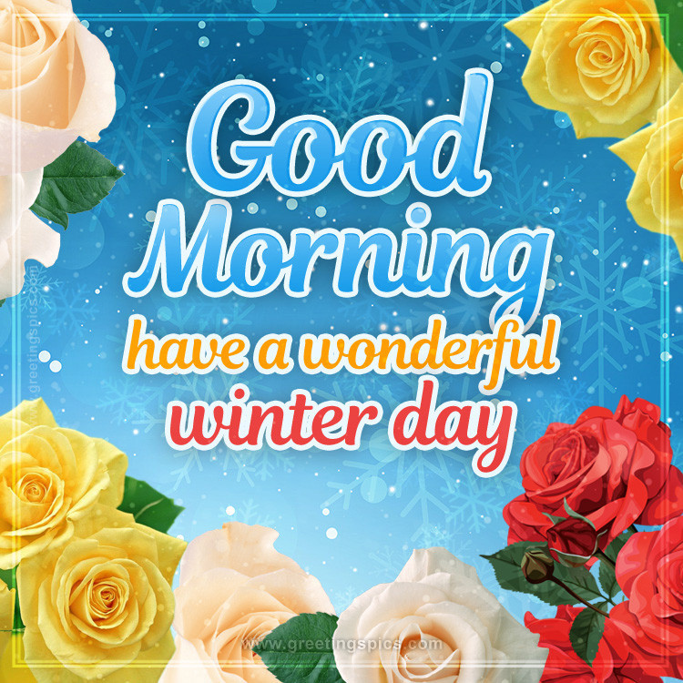 Good Morning have a Wonderful Winter Day image with brigth roses (square shape image)