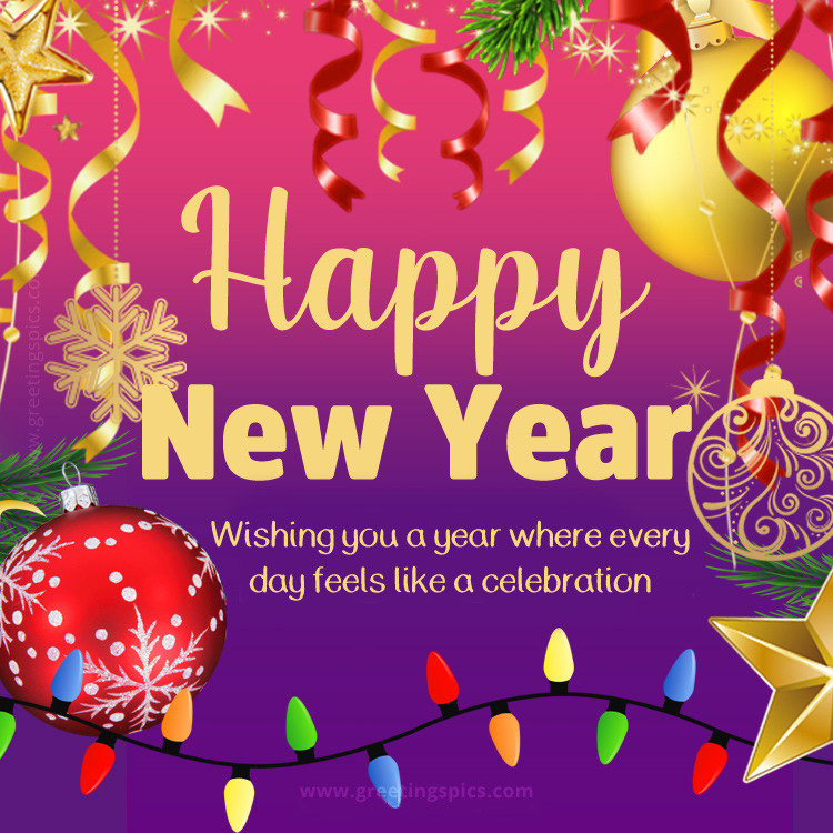 Happy New Year 2024 picture with garlands and Christmas tree decorations (square shape image)