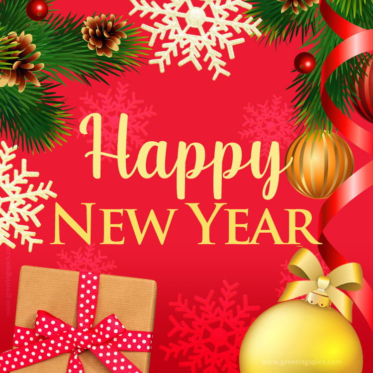 Happy New Year greeting card with bright red background (square shape image)