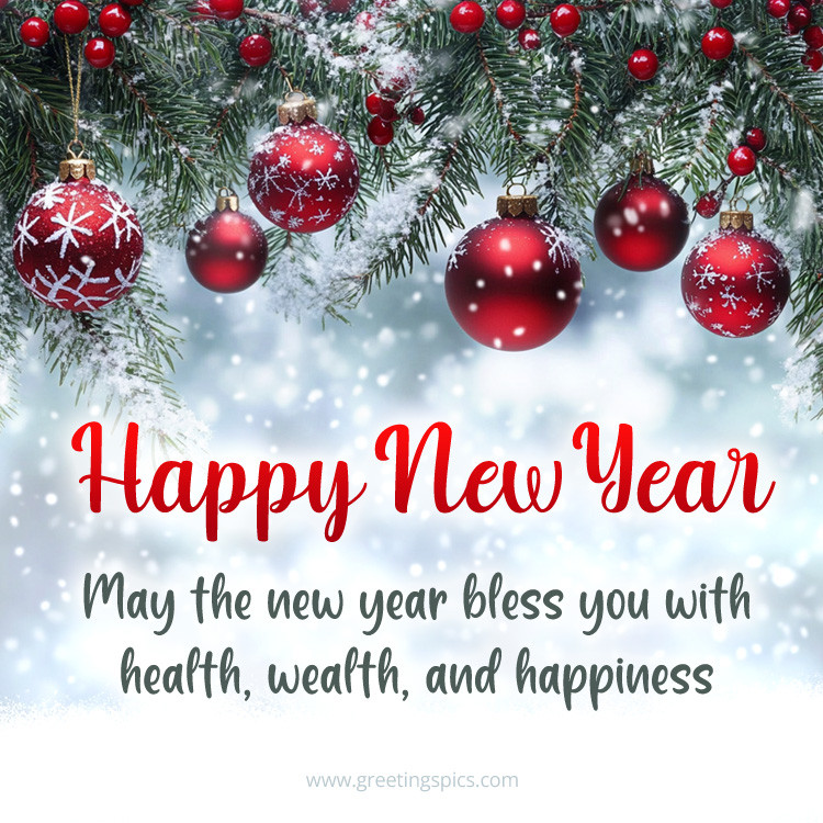 New Year wishes with colorful baubles on a snowy tree (square shape image)