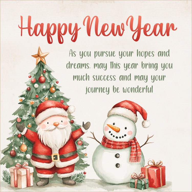 Happy New Year Picture with cute cartoon Santa and snowman (square shape image)