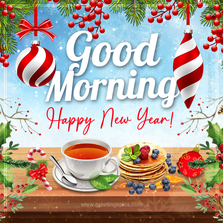 Good Morning Happy New Year image with cup of tea (square shape image)