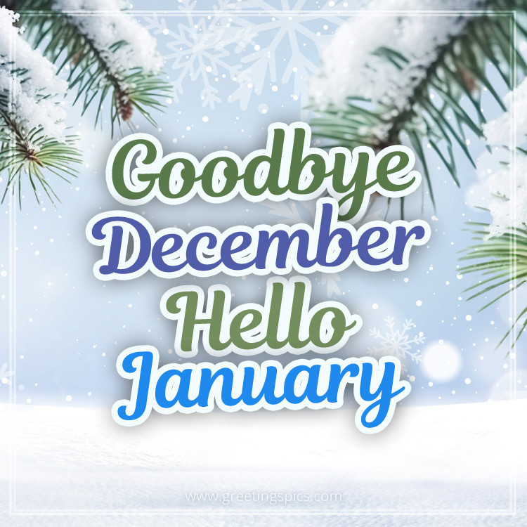 Goodbye December Hello January image with beautiful winter landscape (square shape image)