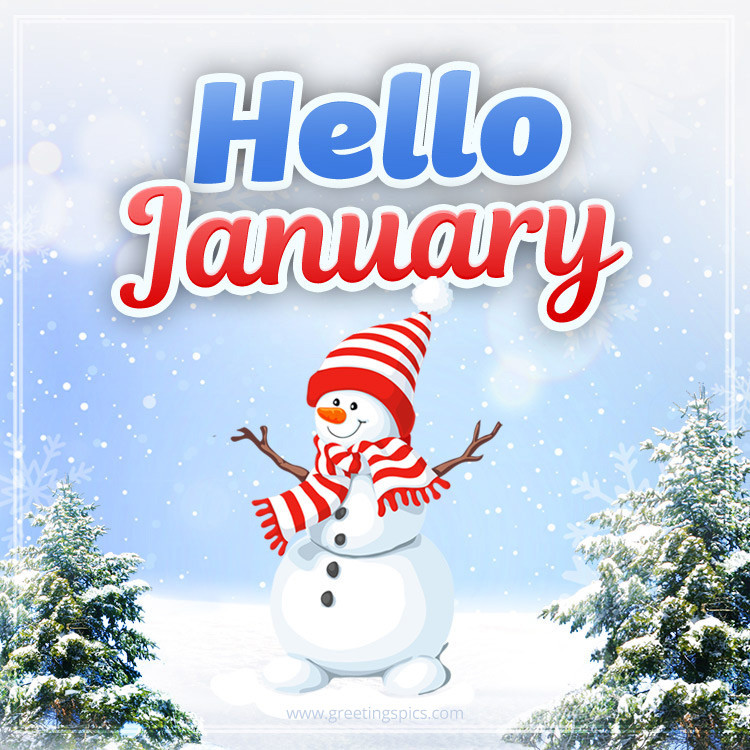 Hello January image with funny snowman (square shape image)