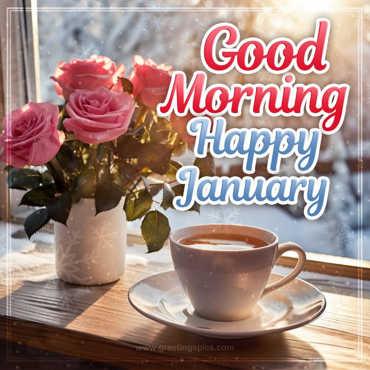 Good Moring Happy January beautiful picture with coffee and red roses (square shape image)