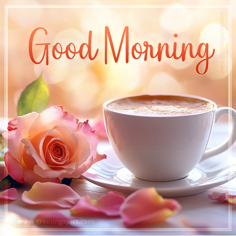 A brightly colored picture with a flavored latte, rose petals and a Good Morning Wish (square shape image)