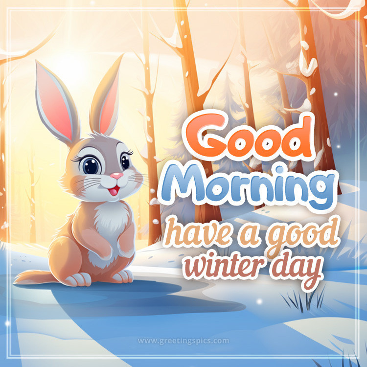 Good Morning picture with a cute bunny in the winter forest (square shape image)