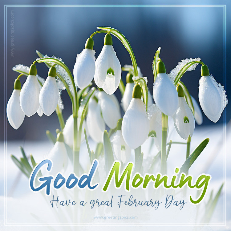 Good Morning have a nice February Day image with beautiful snowdrops (square shape image)