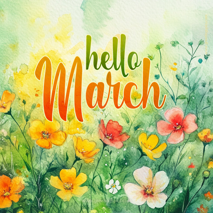 Hello March image with beautiful spring flowers (square shape image)