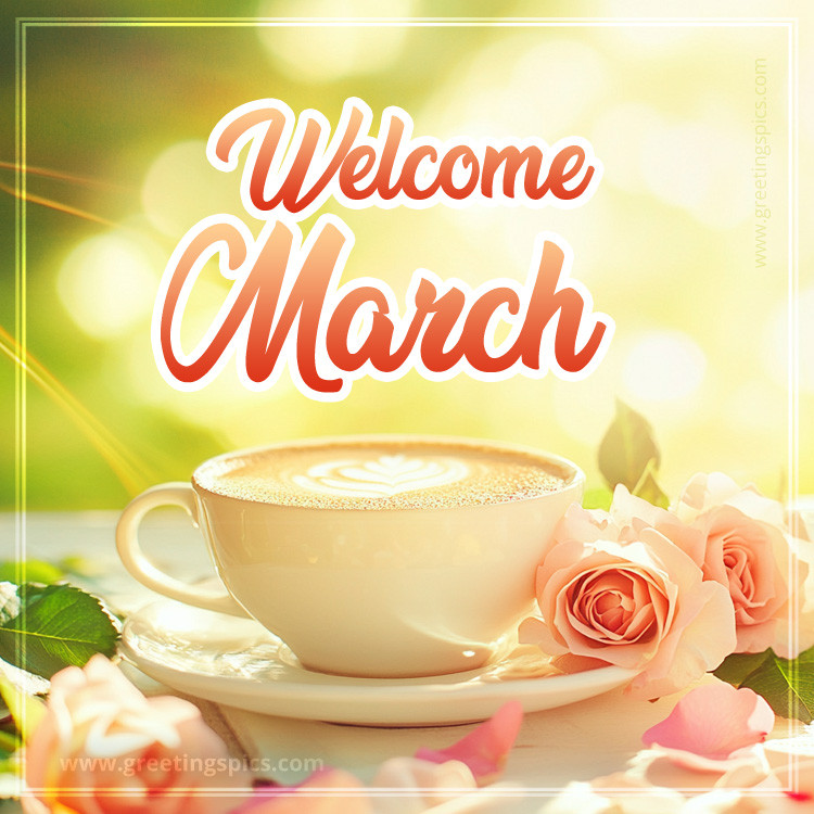 Welcome March image with cappuccino and roses (square shape image)