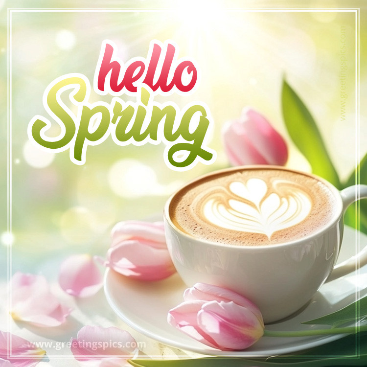 Hello Spring image with coffee and beautiful pink tulips (square shape image)