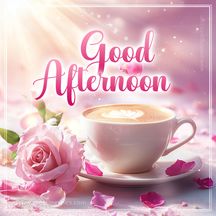 Good Afternoon picture with a cup of cappuccino and beautiful pink rose (square shape image)