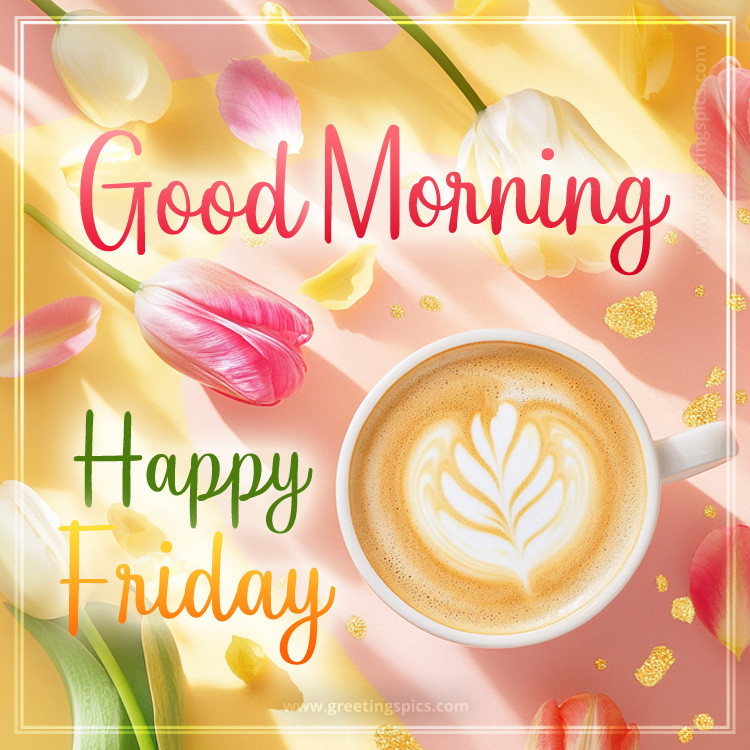 Good Morning Happy Friday colorful image with cappuccino and tulips (square shape image)
