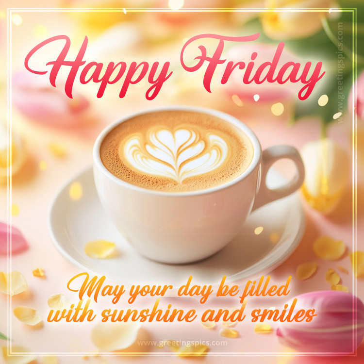 Happy Friday bautiful image with a wish, cappuccino and tulips (square shape image)