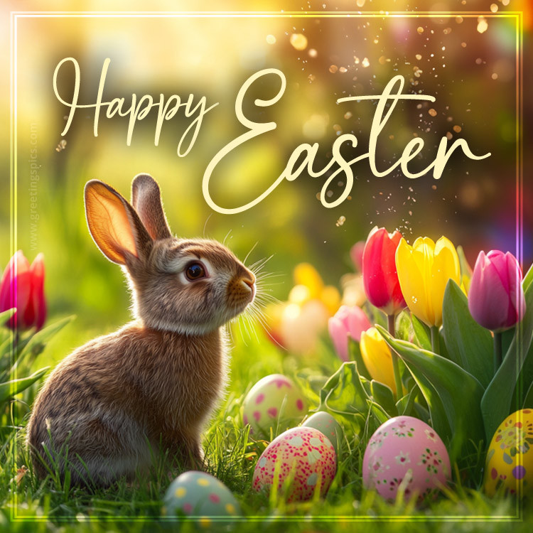 Happy Easter picture with colorful tulips and a cute rabbit in the grass (square shape image)