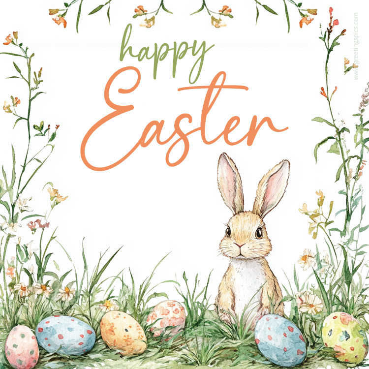 A beautiful watercolor drawing with a Happy Easter wish (square shape image)