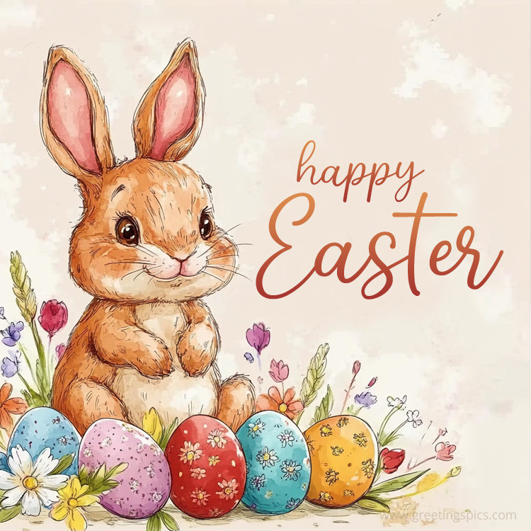 Happy Easter drawing picture with cute bunny, eggs and flowers (square shape image)