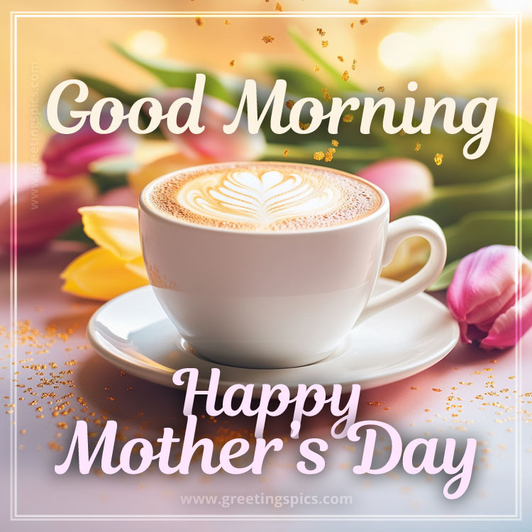 Good Morning Happy Mother's Day image with a cup of latte and tulips (square shape image)