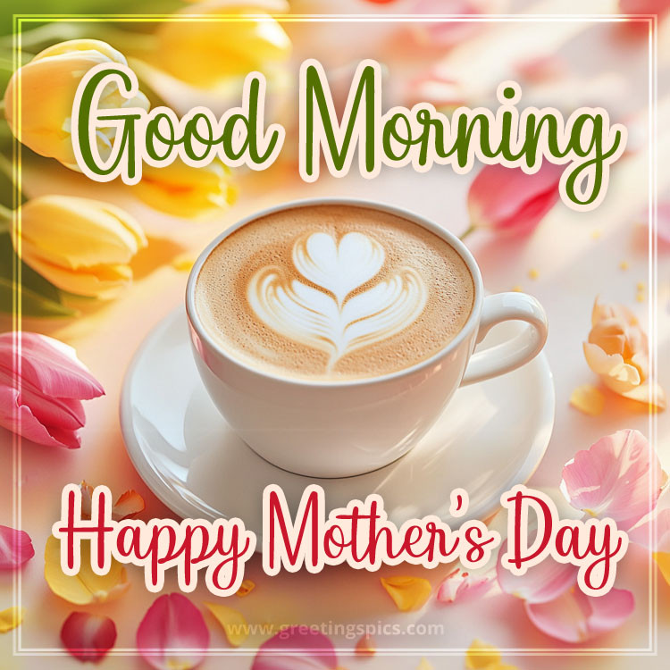 Good Morning Happy Mother's Day picture with a cappuccino and colorful tulips (square shape image)