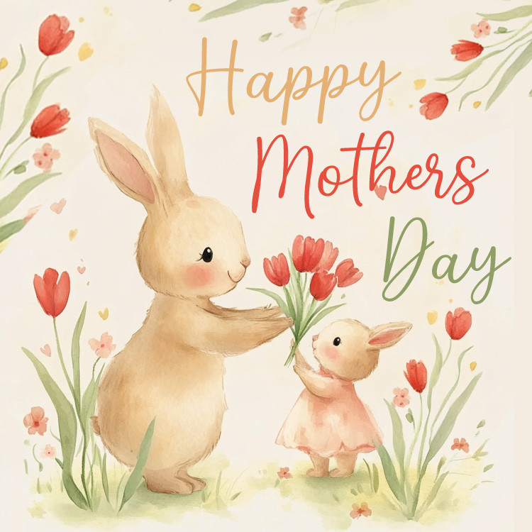 Happy Mother's Day Image with cute bunnies (square shape image)
