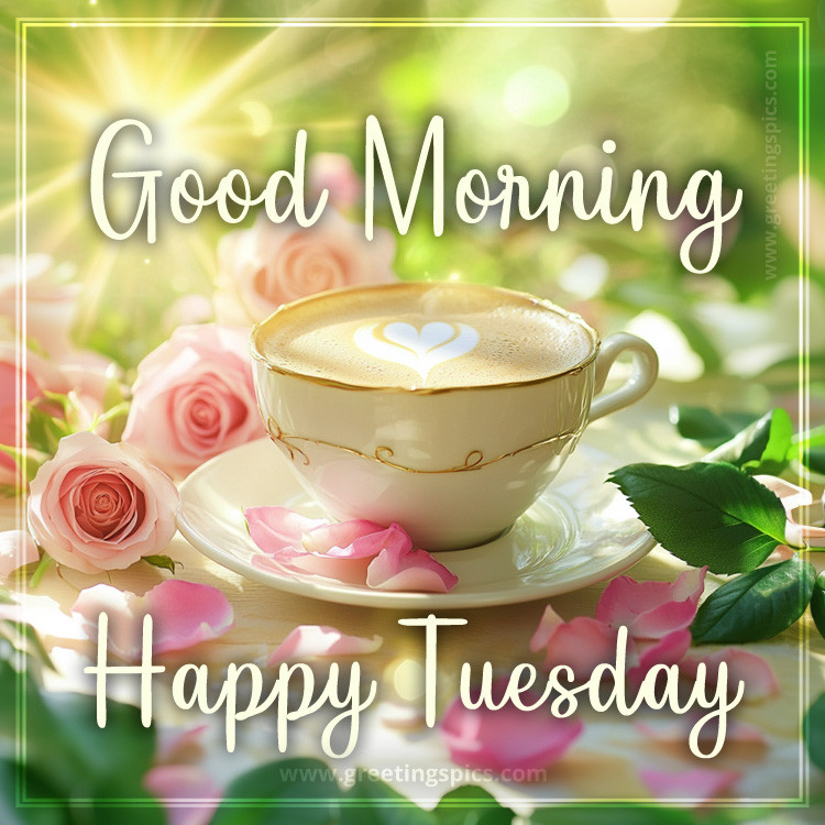 Good Morning and Happy Tuesday image with a cup of cappuccino and delicate roses (square shape image)
