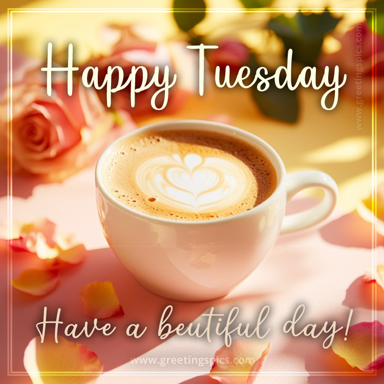 Happy Tuesday beautiful image with a cup of latte and rose petals (square shape image)