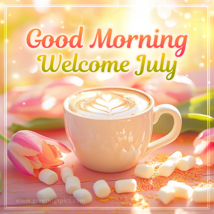 Good Morning Welcome July image with cappuccino and marshmallows (square shape image)