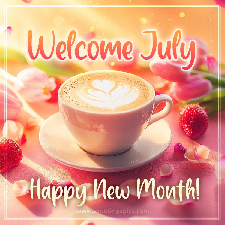 Welcome July colorful picture with a cup of cappuccino and strawberries (square shape image)