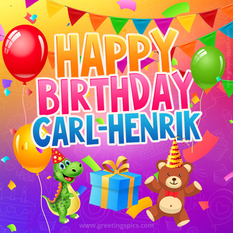 Happy Birthday Carl-Henrik Image for a child with cute baby dinosaur and bear (square shape image)