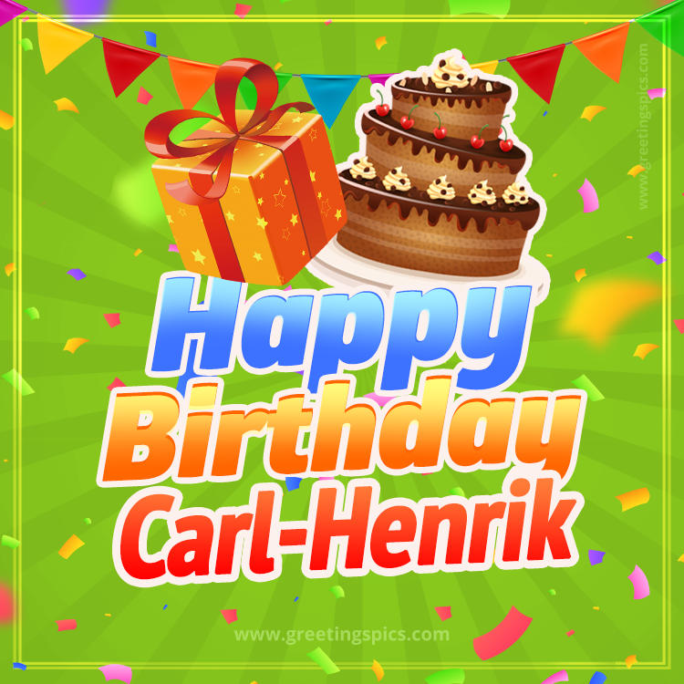 Happy Birthday Carl-Henrik picture with flags, chocolate cake and gift box (square shape image)