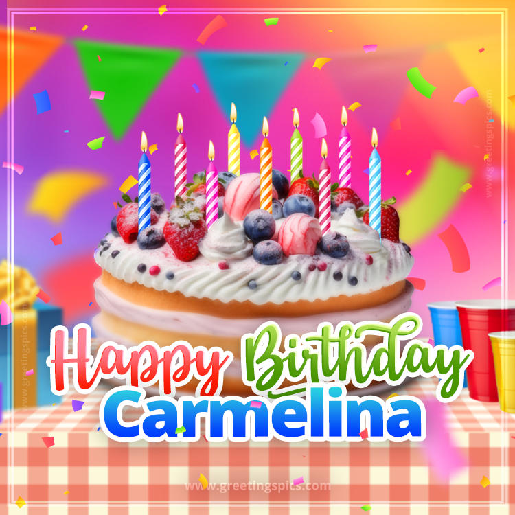 Happy Birthday Carmelina Colorful Image with fruit cake and candles (square shape image)