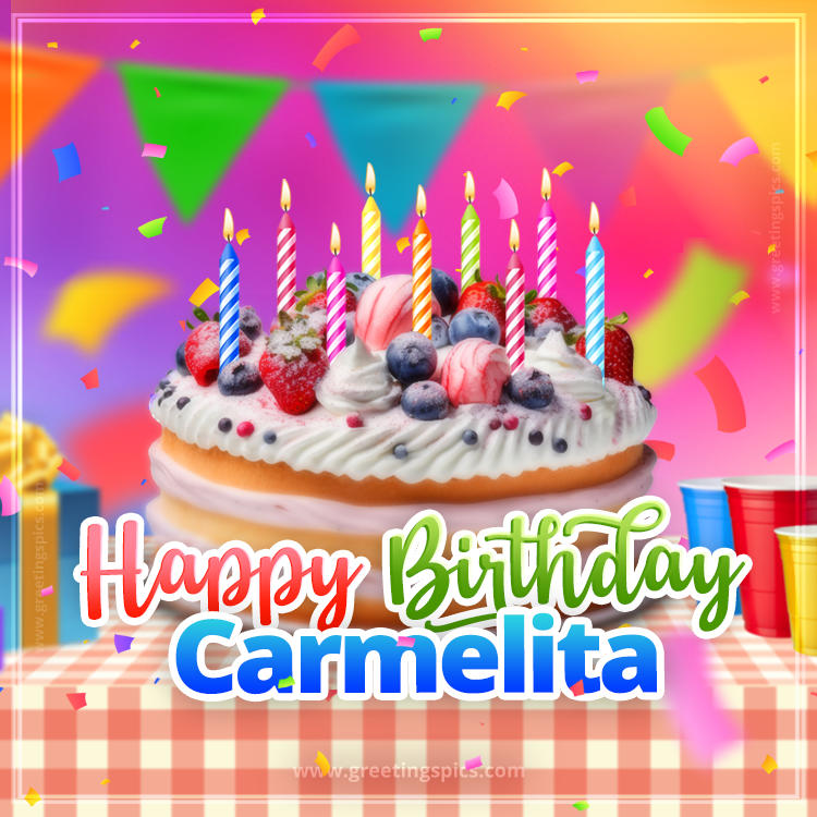 Happy Birthday Carmelita Colorful Image with fruit cake and candles (square shape image)