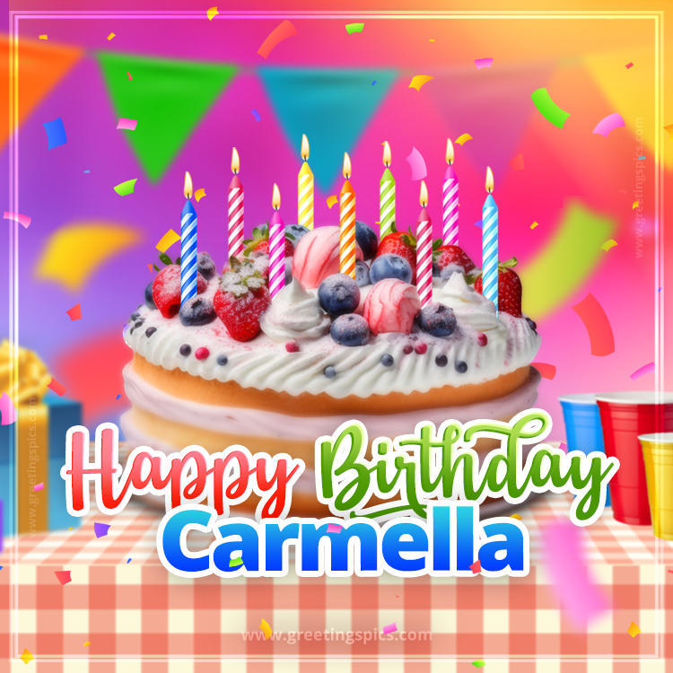 Happy Birthday Carmella Colorful Image with fruit cake and candles (square shape image)