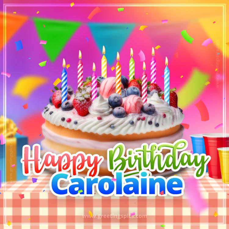 Happy Birthday Carolaine Colorful Image with fruit cake and candles (square shape image)